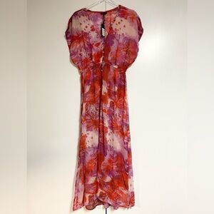 Kendall Kylie Snake Floral Chiffon Swim Coverup V Neck Long Dress Red Sz M NEW